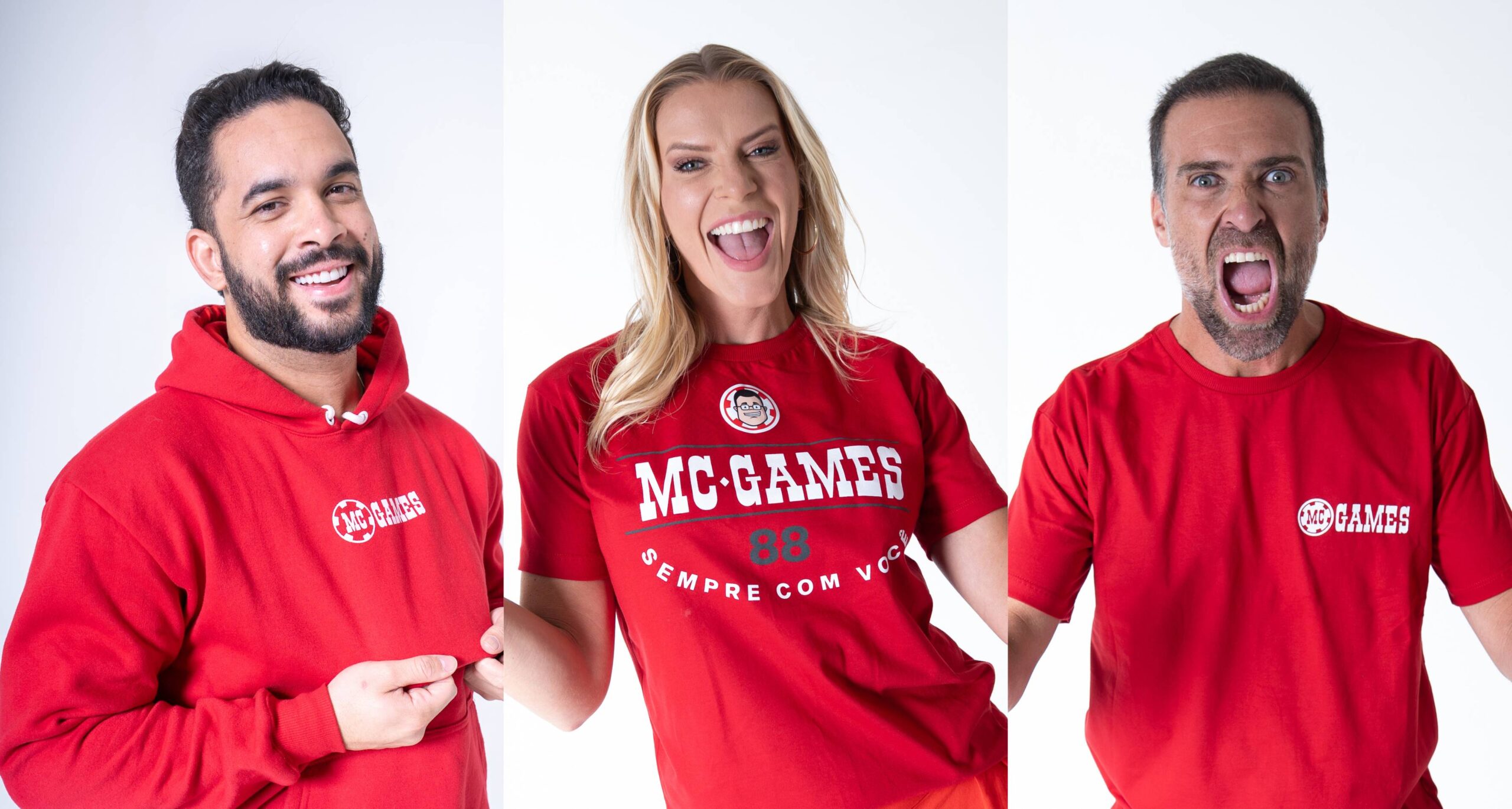 Imagem com os três dos influenciadores da MC Games: Henry Freitas, Lívian Asmar e Thiago Asmar - o Pilhado. Foto: Rogério Araújo/MC Games