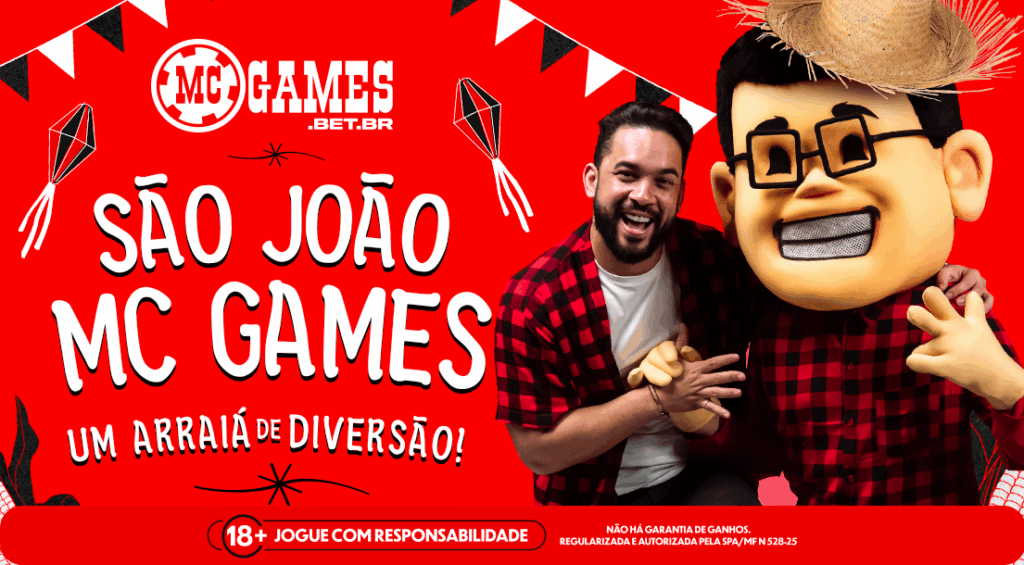 Imagem do cantor Henry Freitas com Seu Carlinhos, mascote da MC Games.