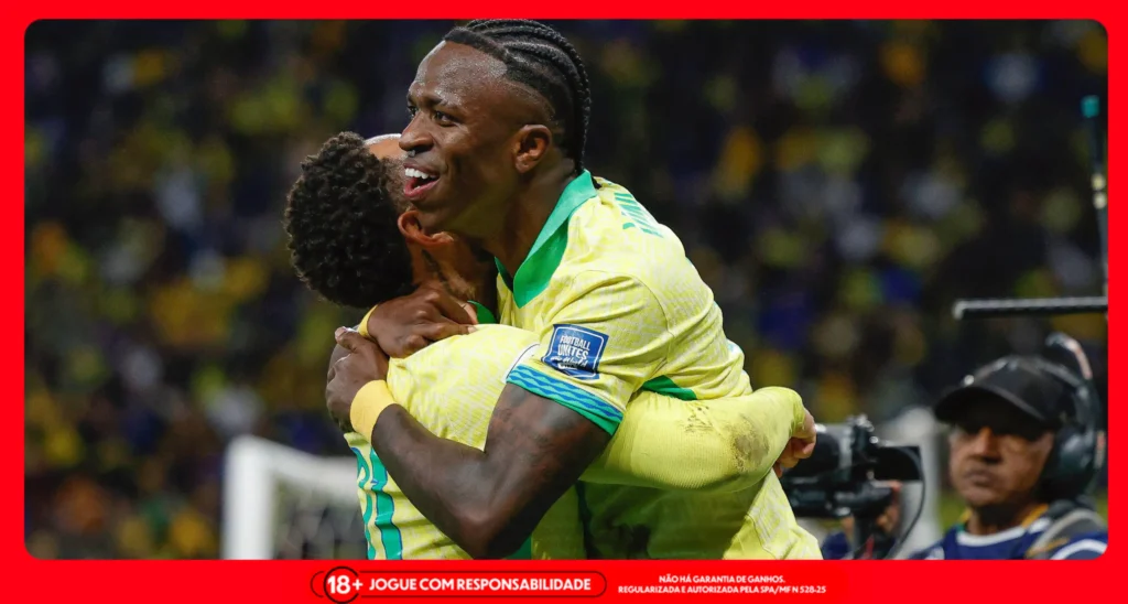 Vinícius Júnior em comemoração de gol para a Seleção Brasileira junto com Matheus Cunha. Foto: Rafael Ribeiro/CBF