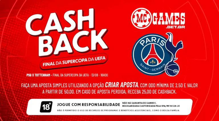 Imagem ilustrativa sobre a promoção de cashback da MC Games para PSG x Tottenham