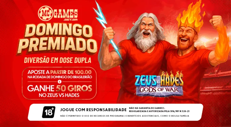 Imagem ilustrativa da promoção da MC Games "Domingo Premiado", que envolve o Brasileirão e o Zeus x Hades