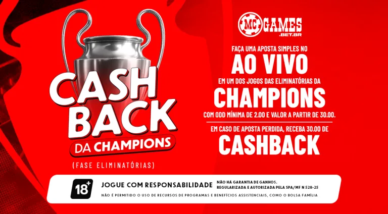 Imagem ilustrativa da promoção de cashback da MC Games para a Pré-Champions League