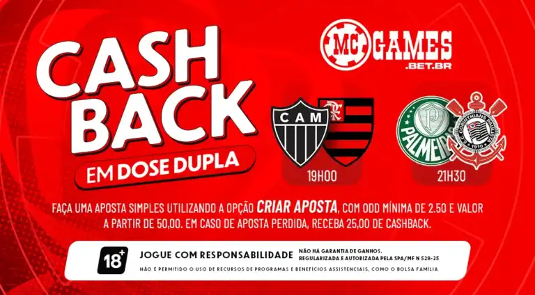 Imagem ilustrativa sobre a promoção da MC Games para a Copa do Brasil: "Cashback em dose dupla"