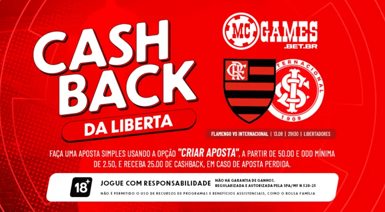 Imagem ilustrativa da promoção de cashback da MC Games para Flamengo x Internacional