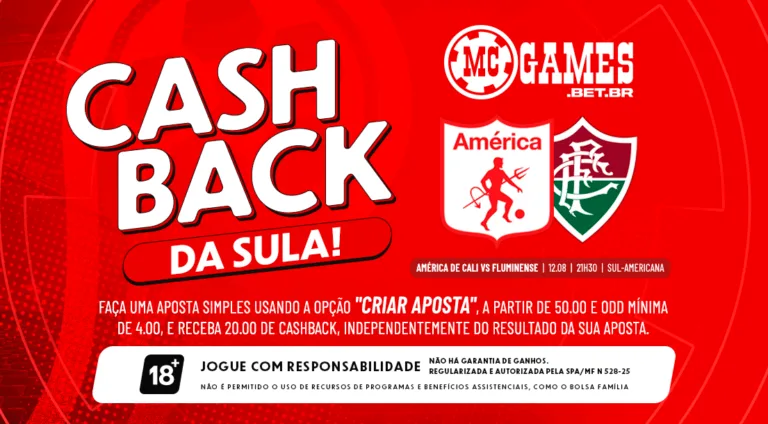 Imagem ilustrativa para a promoção de cashback da MC Games para América de Cali x Fluminense