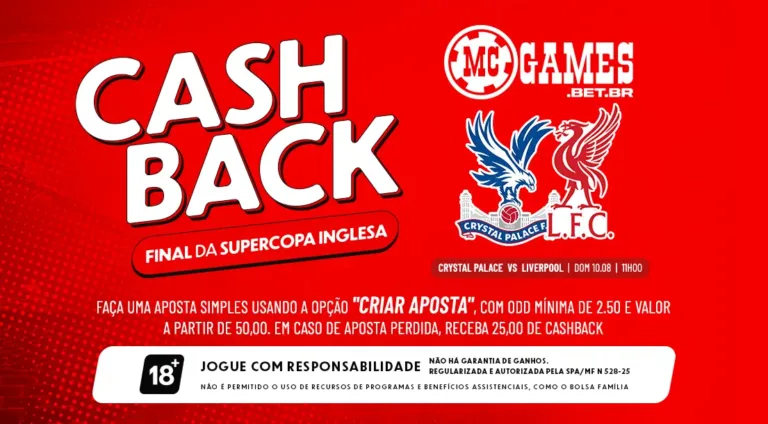 Imagem ilustrativa sobre a promoção de cashback da MC Games para Liverpool x Crystal Palace