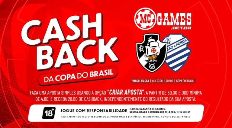 Imagem ilustrativa para a promoção de cashback da MC Games no jogo de Vasco x CSA