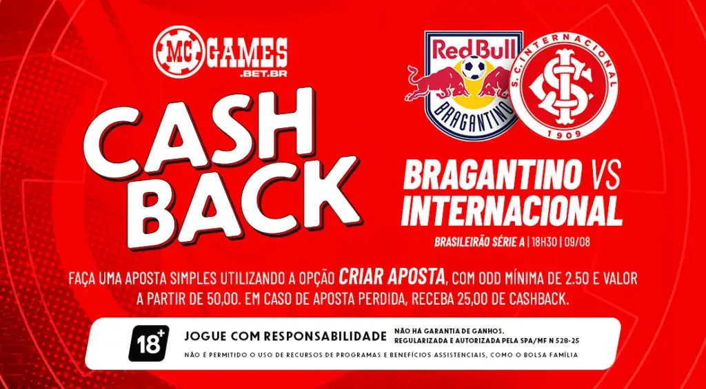 Imagem ilustrativa sobre a promoção de cashback da MC Games para Red Bull Bragantino x Internacional