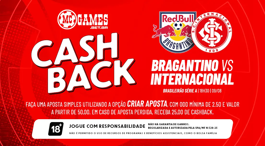 Imagem ilustrativa sobre a promoção de cashback da MC Games para Red Bull Bragantino x Internacional