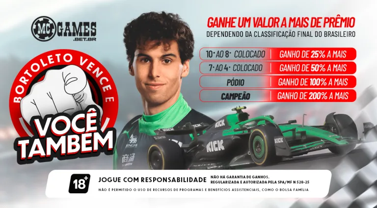 Imagem ilustrativa da promoção da MC Games para a Fórmula 1 e Bortoleto