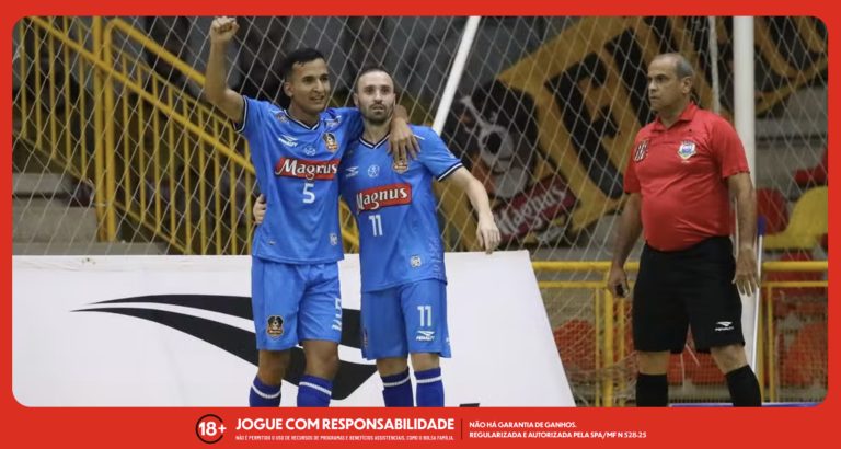 Imagem ilustrativa dos jogadores do Magnus em comemoração de gol. Foto: Guilherme Mansueto/Magnus Futsal