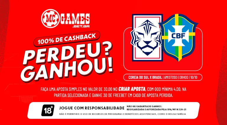 Perdeu? Ganhou! MC Games oferece R$ 30 em cashback no jogo Coreia do Sul x Brasil