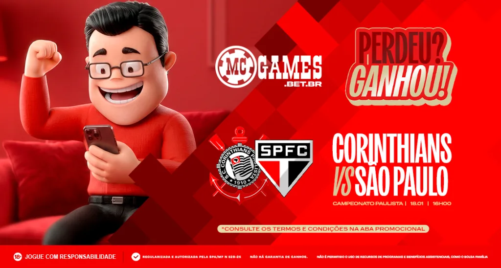 Imagem ilustrativa sobre a promoção "Perdeu? Ganhou!" da MC Games para Corinthians x São Paulo