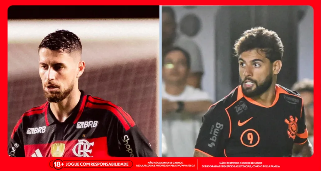 Imagem ilustrativa dos jogadores Jorginho (Flamengo) e Yuri Alberto (Corinthians). Foto: Adriano Fontes/Flamengo e Diego Soares/Ag.Paulistão