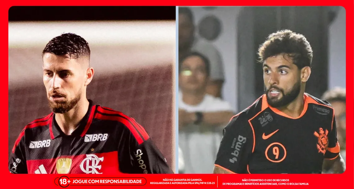 Imagem ilustrativa dos jogadores Jorginho (Flamengo) e Yuri Alberto (Corinthians). Foto: Adriano Fontes/Flamengo e Diego Soares/Ag.Paulistão