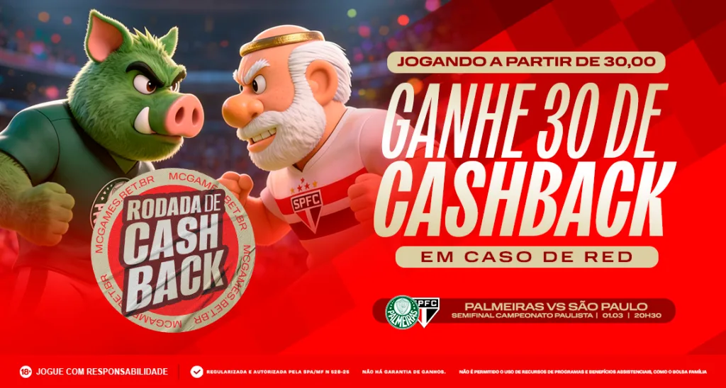 Imagem ilustrativa sobre a promoção de cashback da MC Games para Palmeiras x São Paulo