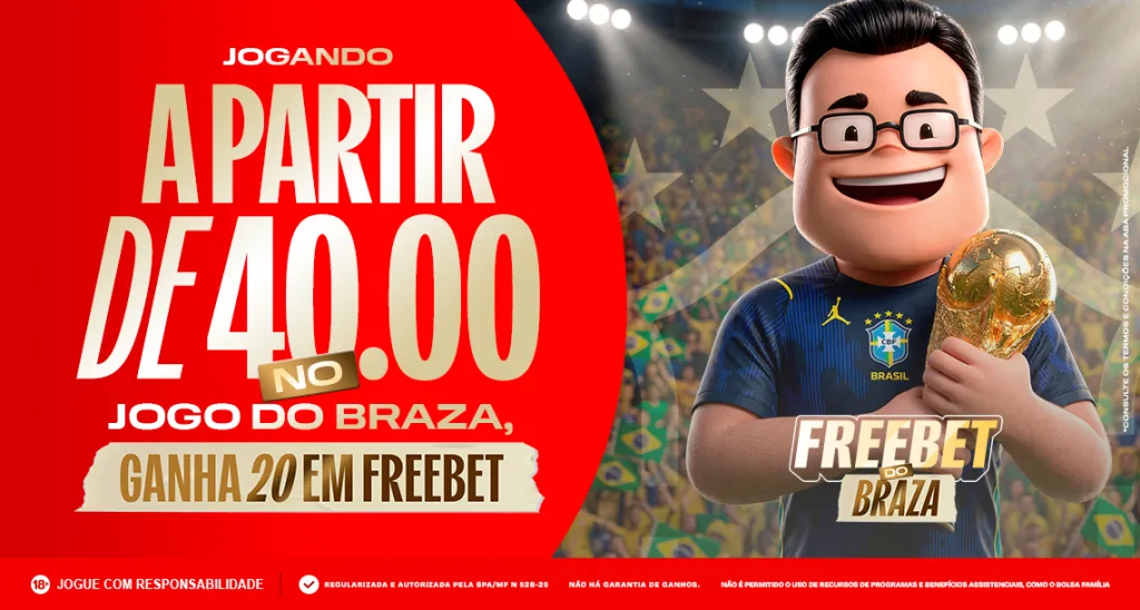 Imagem ilustrativa da promoção "Freebet do Braza", válida no jogo entre Brasil x França.