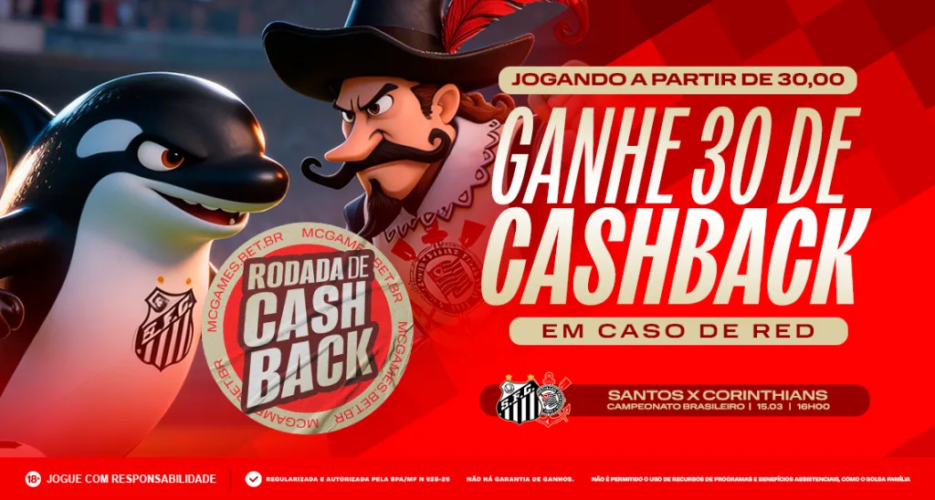 Imagem ilustrativa sobre a promoção da "Rodada de Cashback" para a partida entre Santos x Corinthians.
