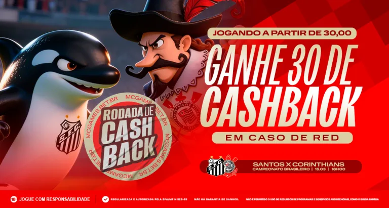 Imagem ilustrativa sobre a promoção da "Rodada de Cashback" para a partida entre Santos x Corinthians.