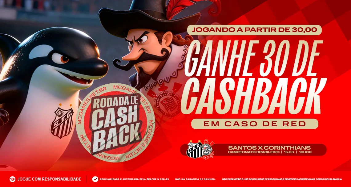 Imagem ilustrativa sobre a promoção da "Rodada de Cashback" para a partida entre Santos x Corinthians.