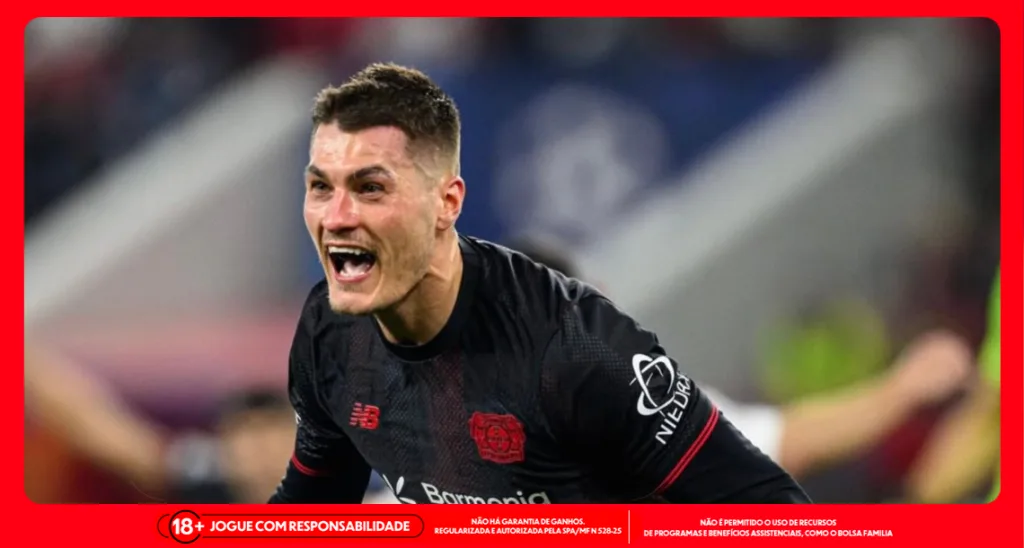 Imagem ilustrativa de Patrik Schick em comemoração de gol pelo Bayer Leverkusen