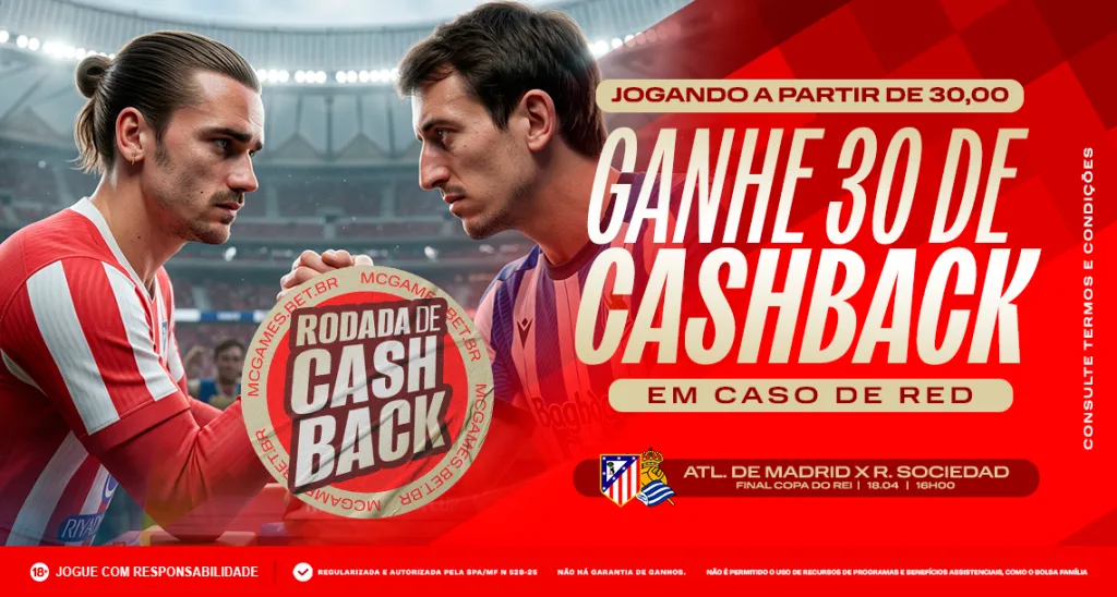 Imagem ilustrativa da promoção da MC Games para a final da Copa do Rei entre Atlético de Madrid x Real Sociedad