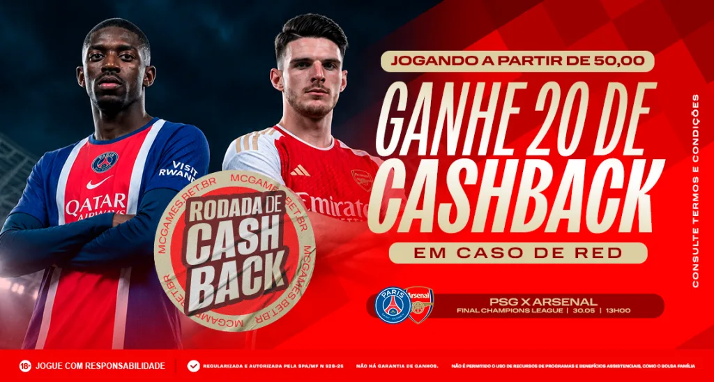 Imagem ilustrativa sobre a promoção de cashback da MC Games para a final da Champions League
