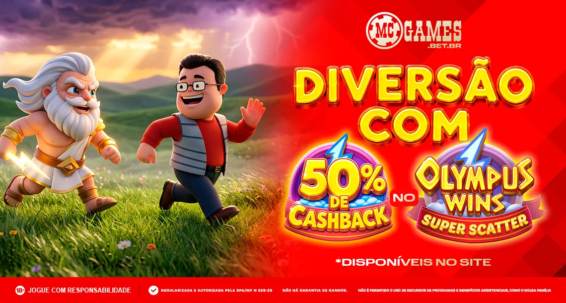 Imagem ilustrativa da ação de cashback da MC Games com o jogo Olympus Wins Super Scatter