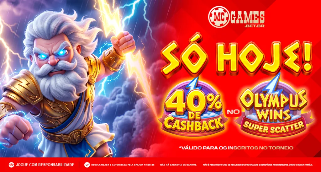 Imagem ilustrativa da promoção de cashback da MC Games para os inscritos do Torneio Semanal Olympus Wins