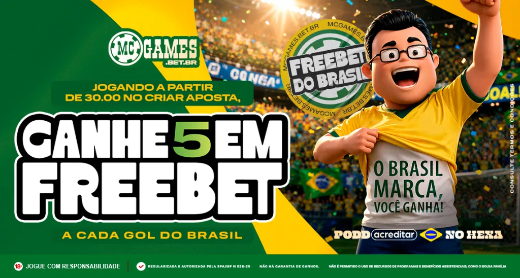 Imagem ilustrativa sobre a promoção de freebet da MC Games para o jogo do Brasil