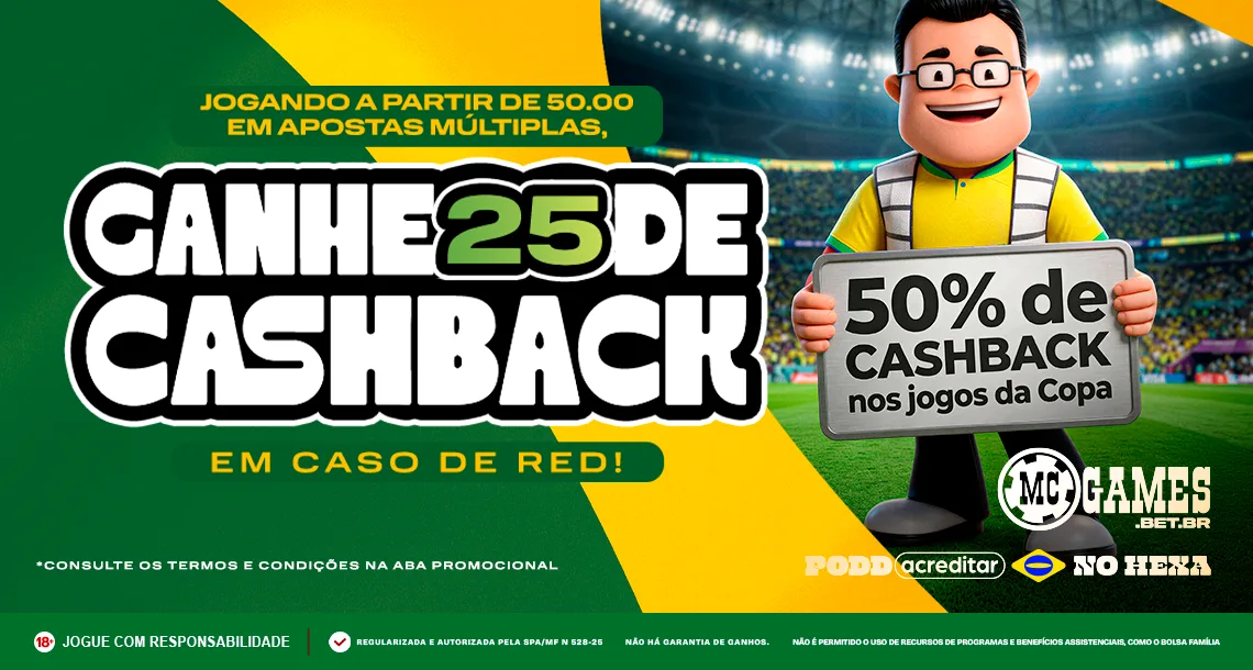Imagem ilustrativa sobre a promoção de cashback da MC Games para a 1ª fase da Copa do Mundo 2026