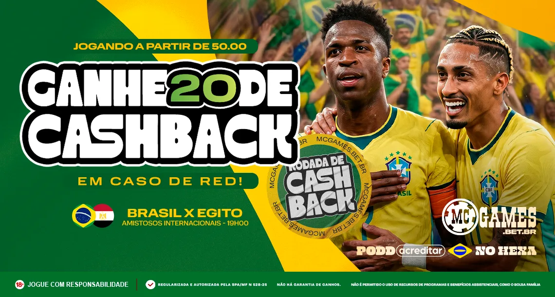 Imagem ilustrativa da promoção de cashback da MC Games para Brasil x Egito