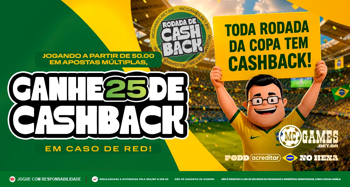 Imagem ilustrativa sobre a promoção de cashback da MC Games para a 1ª fase da Copa do Mundo